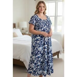Eileen West Blue Floral Nightgown Sleep Dress Size 2X Cottagecore Lounge Prairie